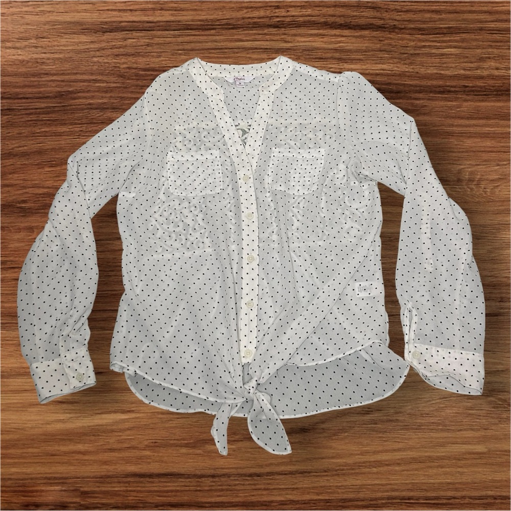 Candie's White Polka Dot Blouse Tie-Front Lace Detail on Back Long/Short Sleeve‎